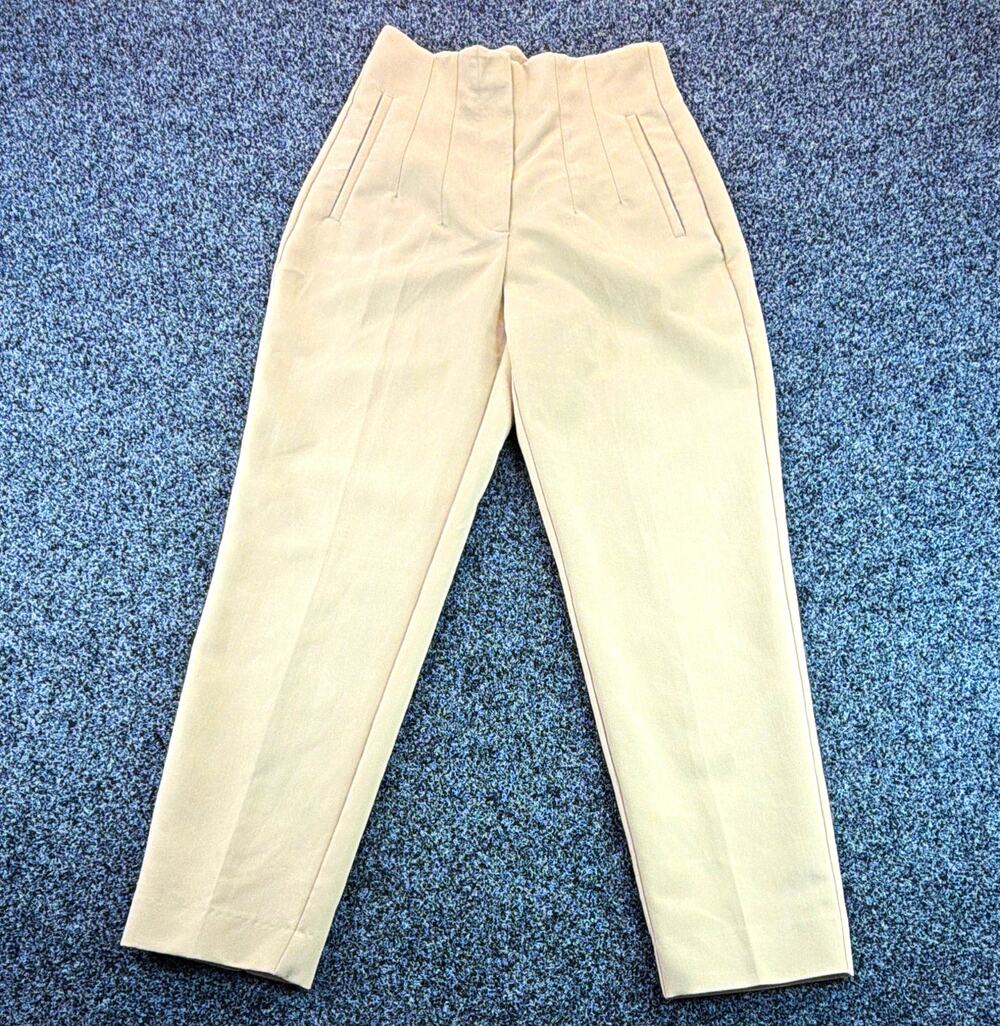 ZARA Women’s Beige Solid Dress Pants Tapered Flat Front Zip Button Pockets S